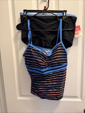 Danskin Striped Tankini Top with Black Swim Bottoms - Blue Trim